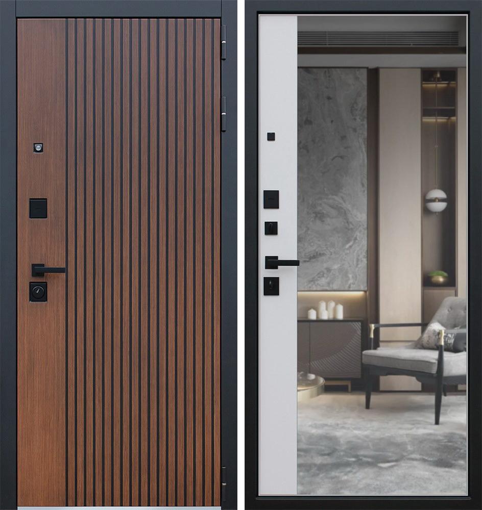 Входная дверь АСД "Velvet" с зеркалом (биометрический замок Smart lock R06) Муар черный/Капучино