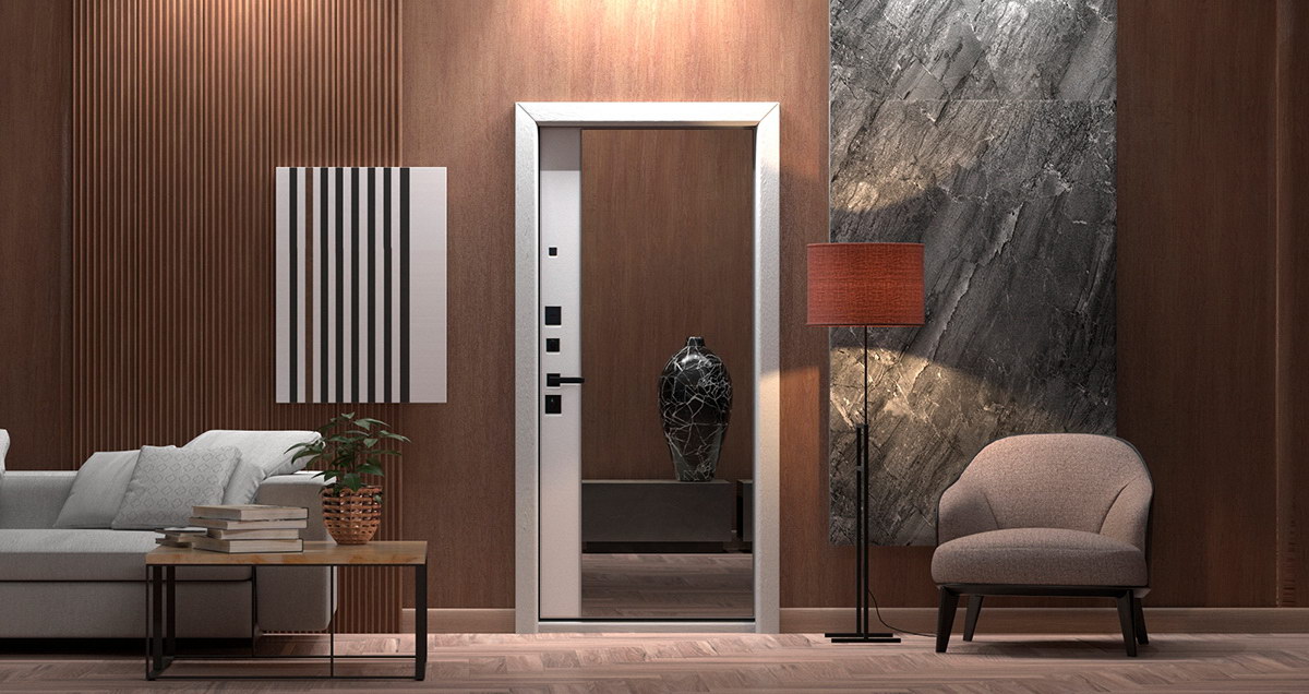 Входная дверь АСД "Velvet" с зеркалом (биометрический замок Smart lock R06) Муар черный/Капучино